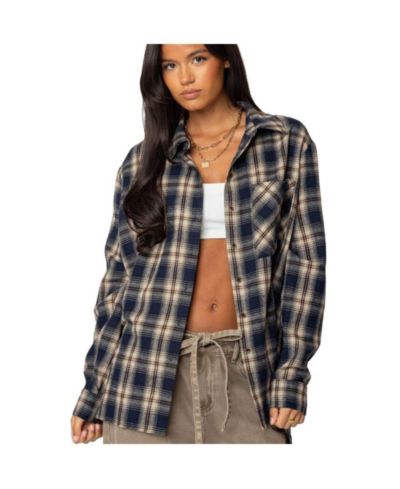 Edikted Womens Plaid Flannel Button Up Shirt