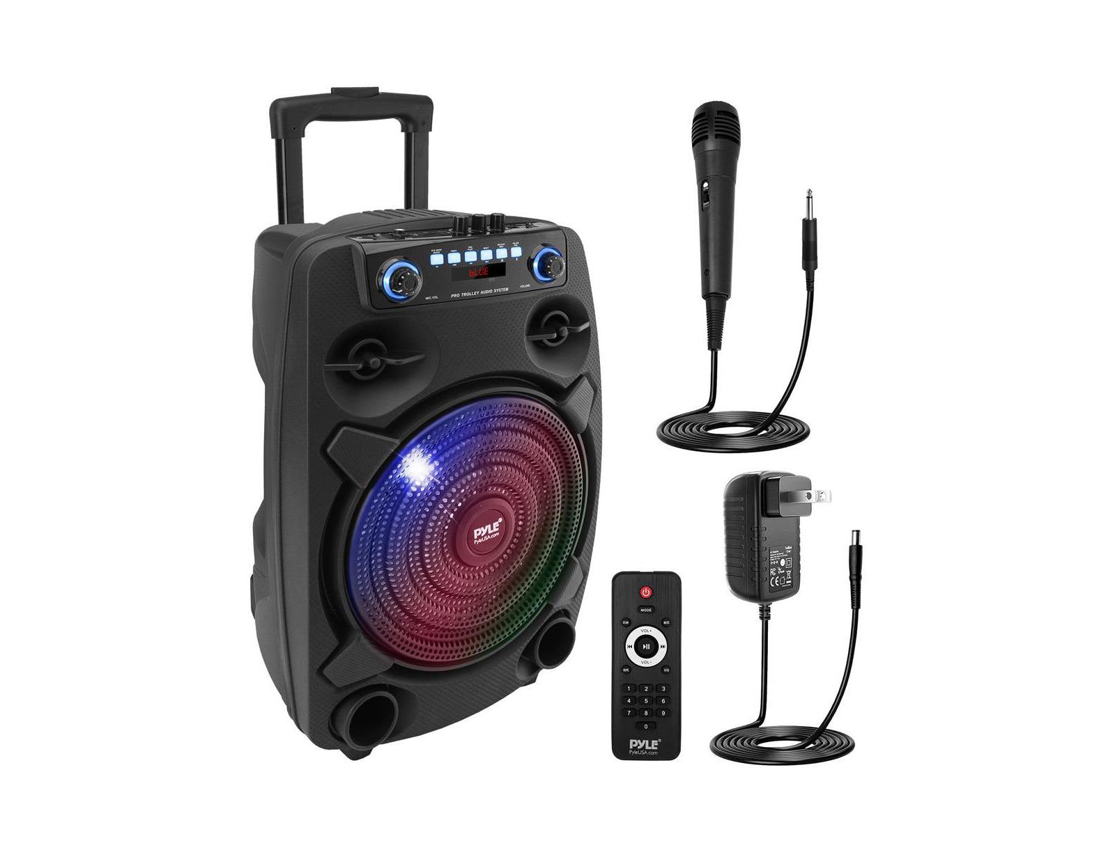 Портативная акустическая система Pyle 12” Bluetooth с проводным микрофоном, подсветкой и аккумулятором