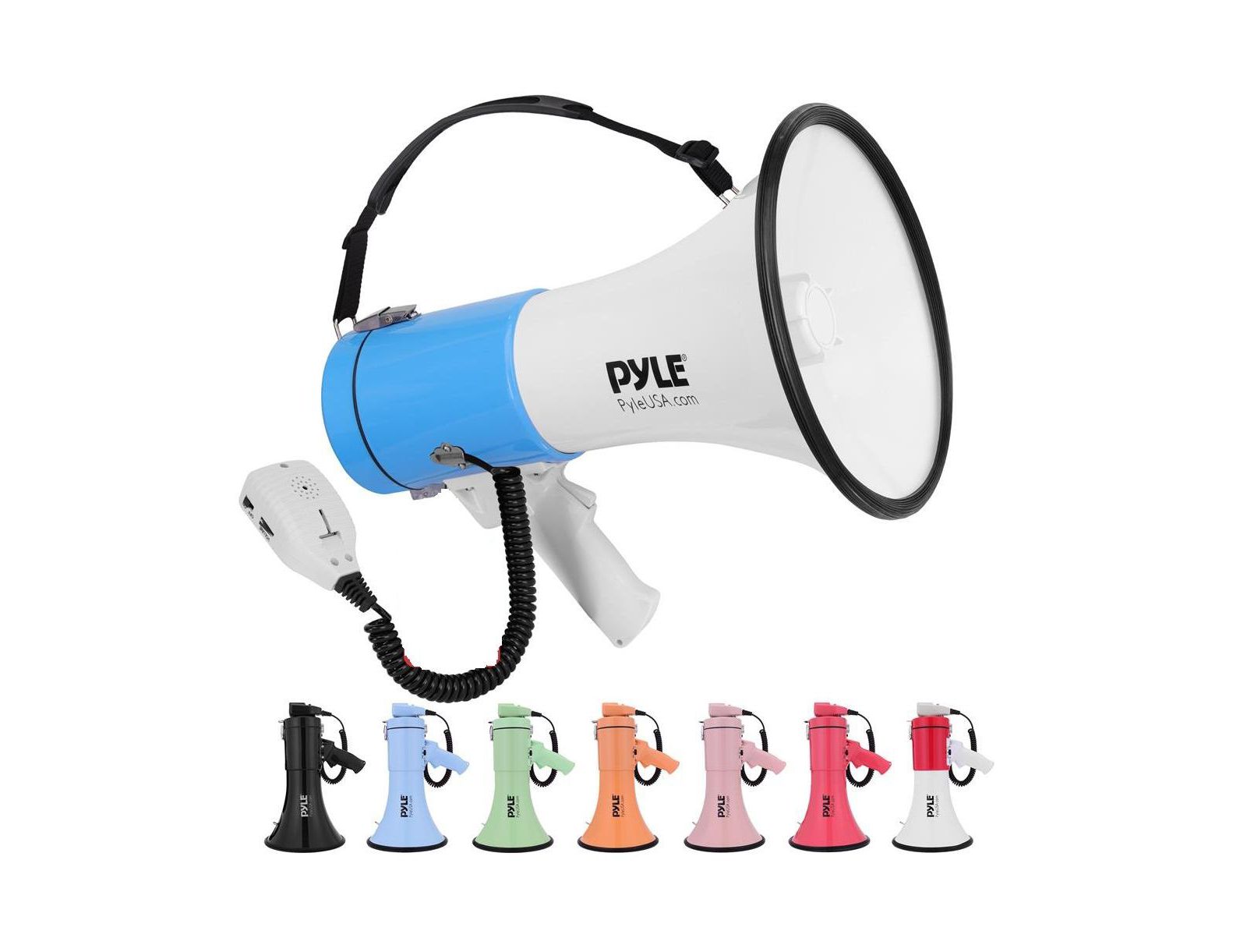 Портативный мегафон Pyle 50-Watt с сиреной, MP3 вход, регулируемая громкость, белый