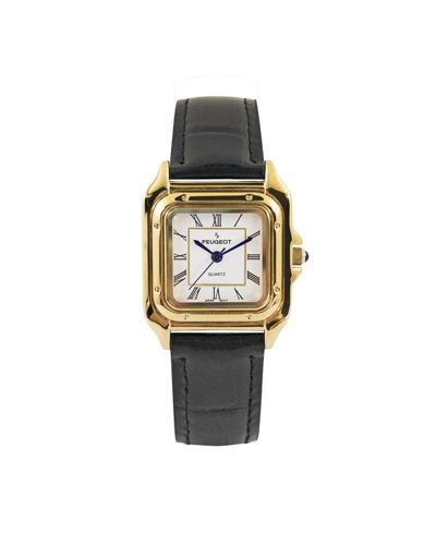Peugeot Women's 14K Gold-Plated 32mm Tank Shape Black Leather Strap Watch