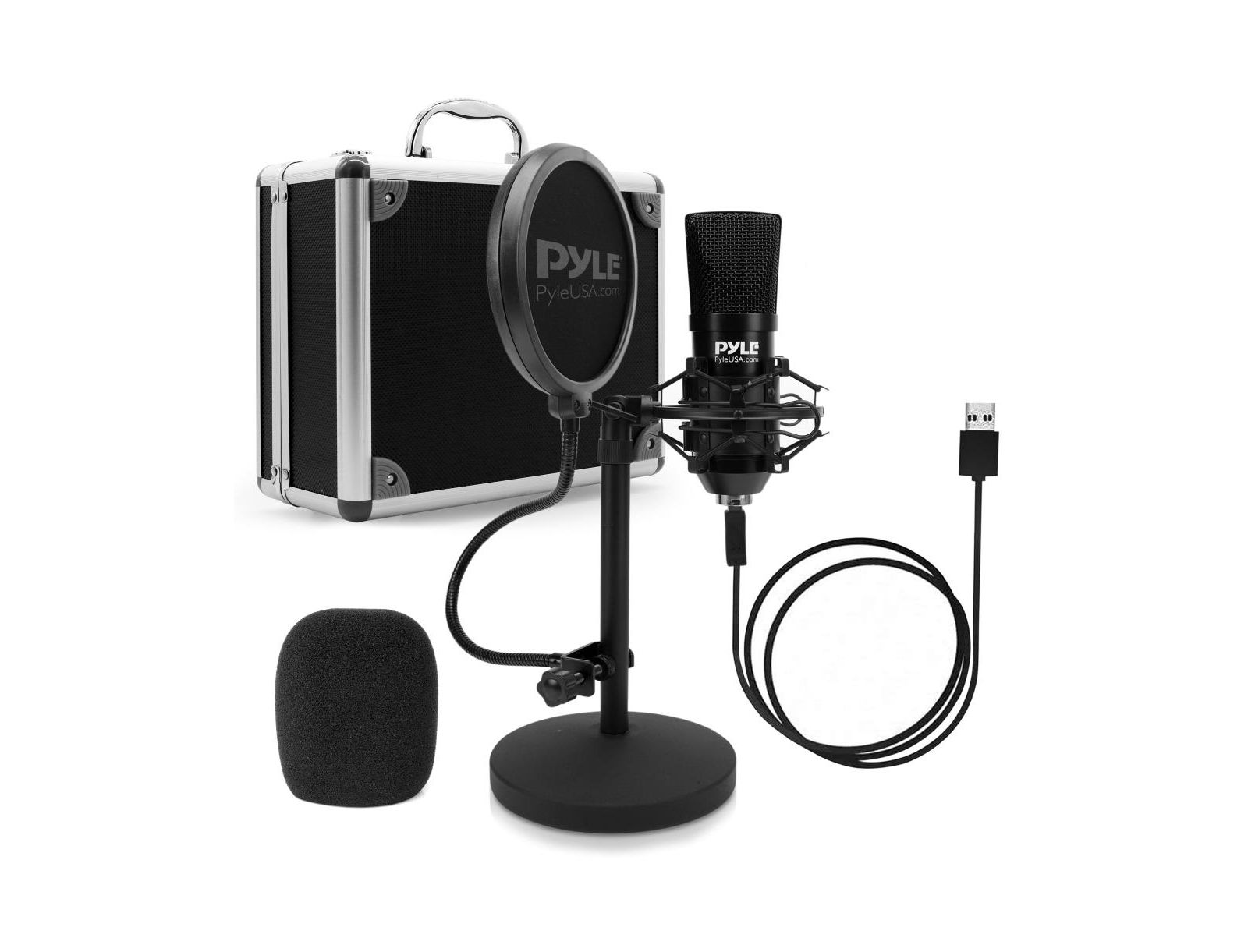 Pyle комплект микрофона для подкастов USB с амортизатором, поп-фильтром, стойкой и белым алюминиевым кейсом
