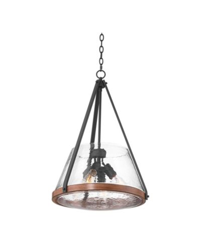 Franklin Iron Works Black Wood Finish 4-Light Farmhouse Pendant with Glass Bowl Shade