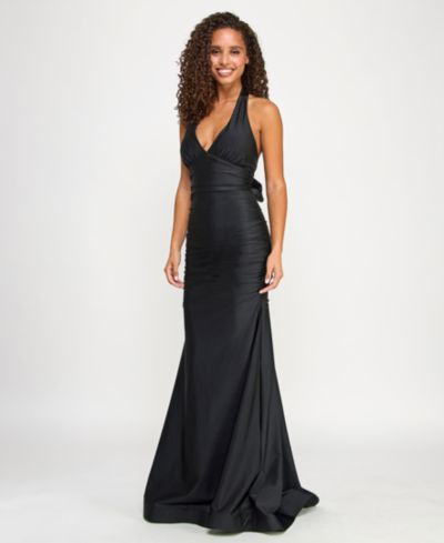 Emerald Sundae Juniors' Ruched Tie-Back Halter Gown