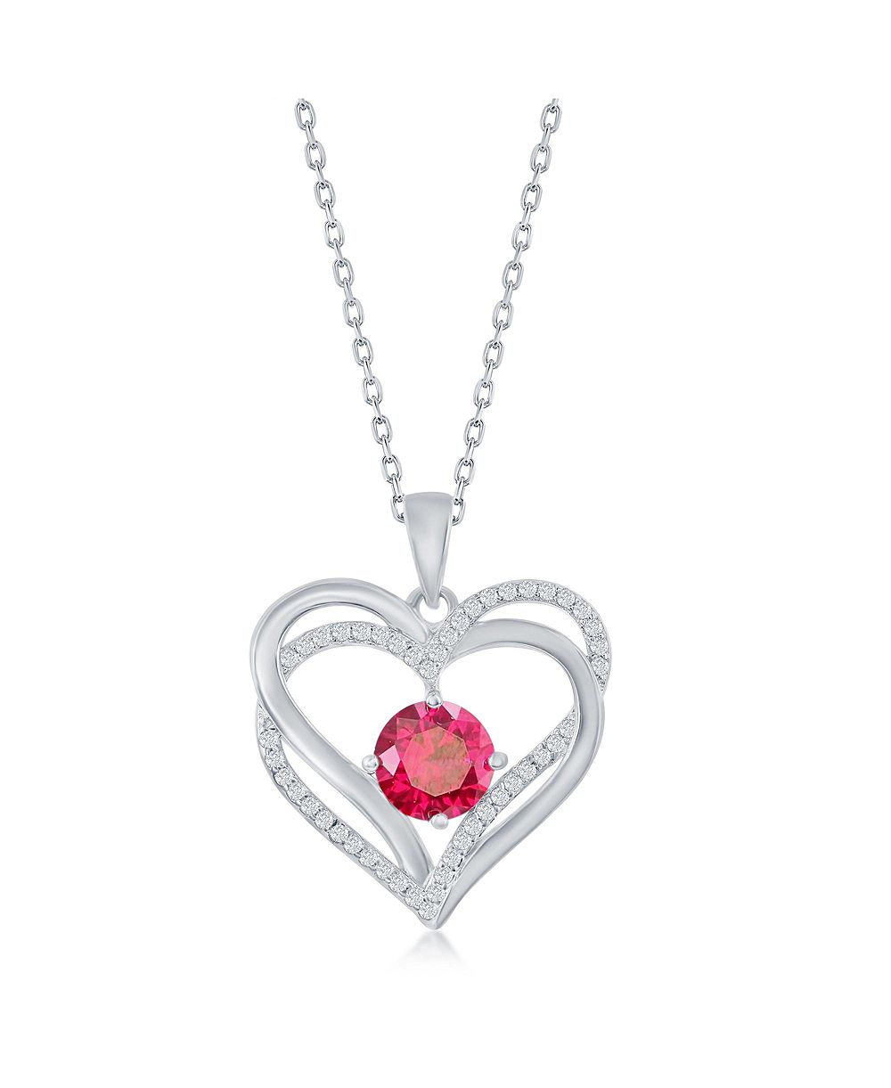 Simona Sterling Silver, Double Heart Birthstone CZ Necklace