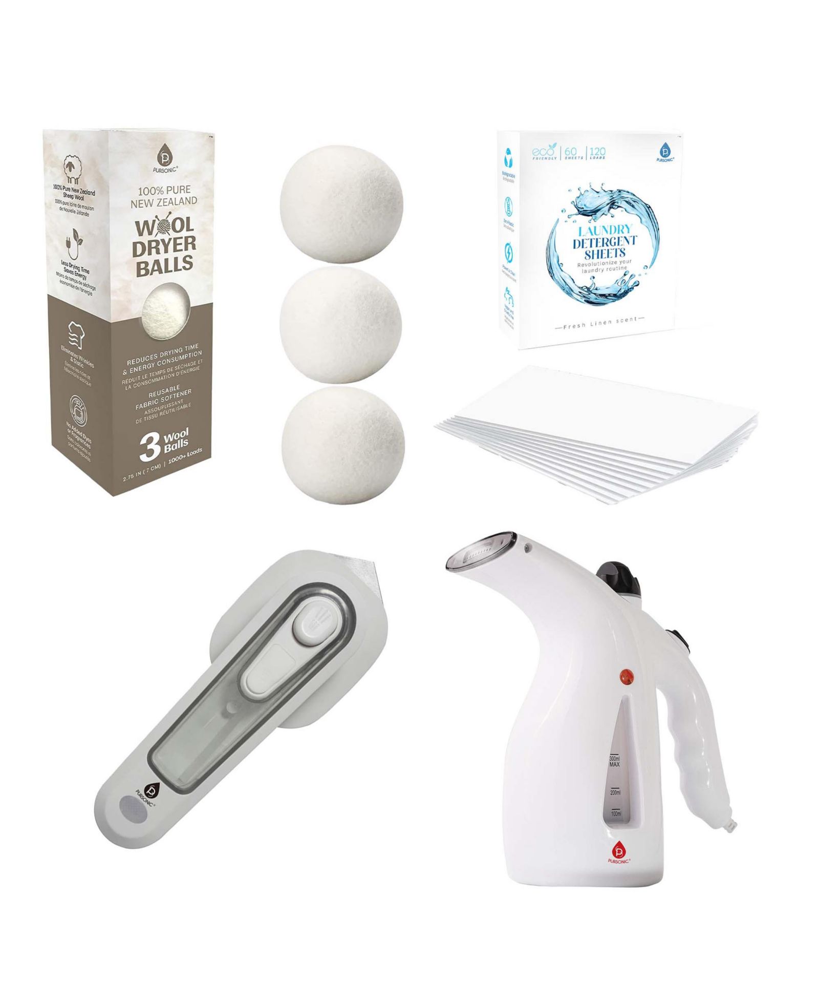 PURSONIC Travel Laundry Essentials Set: Garment Steamer, Mini Iron, Eco-Friendly Laundry Sheets, and Wool Dryer Balls