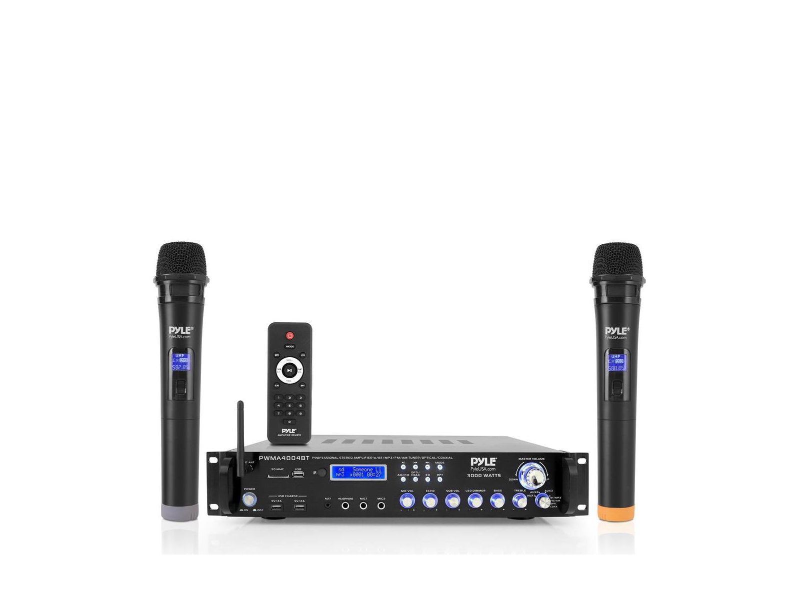 Pyle Bluetooth Hybrid Amplifier Receiver - Pro Audio Multi-Channel Stereo Pre-Amplifier System с (2) UHF Wireless Microphones & Digital Optical/Coax, MP3/USB/SD Readers, FM/AM Radio, Rack Mount (3000W MAX)