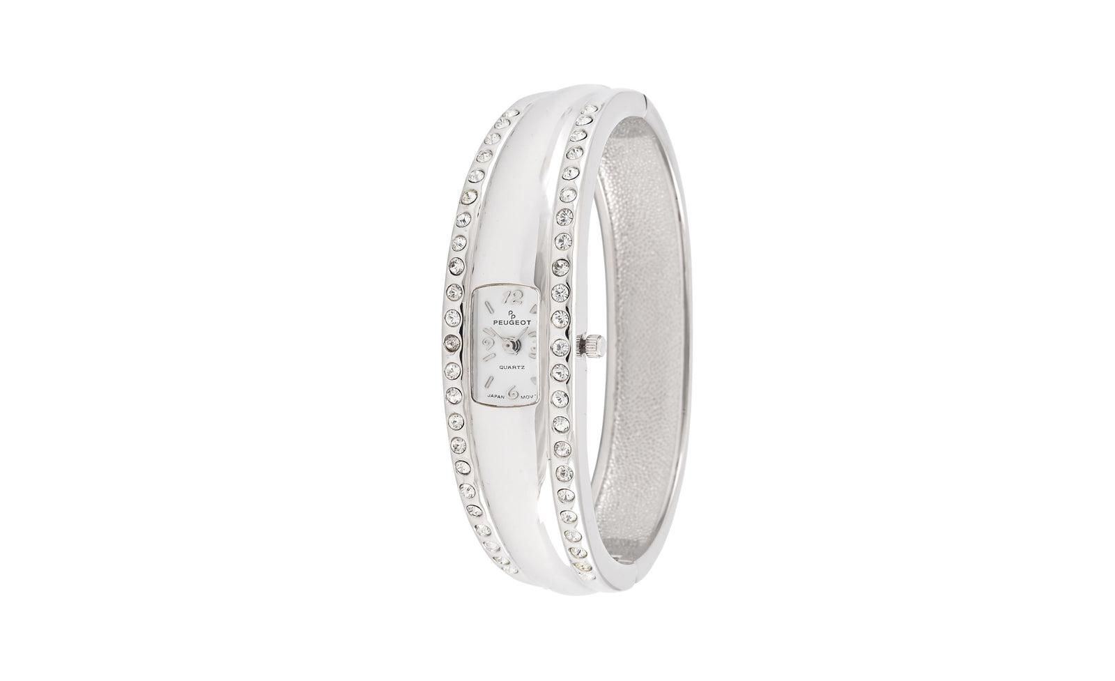 Peugeot Women's Silver-Tone Crystal Accented Cuff Bangle Fashion Watch