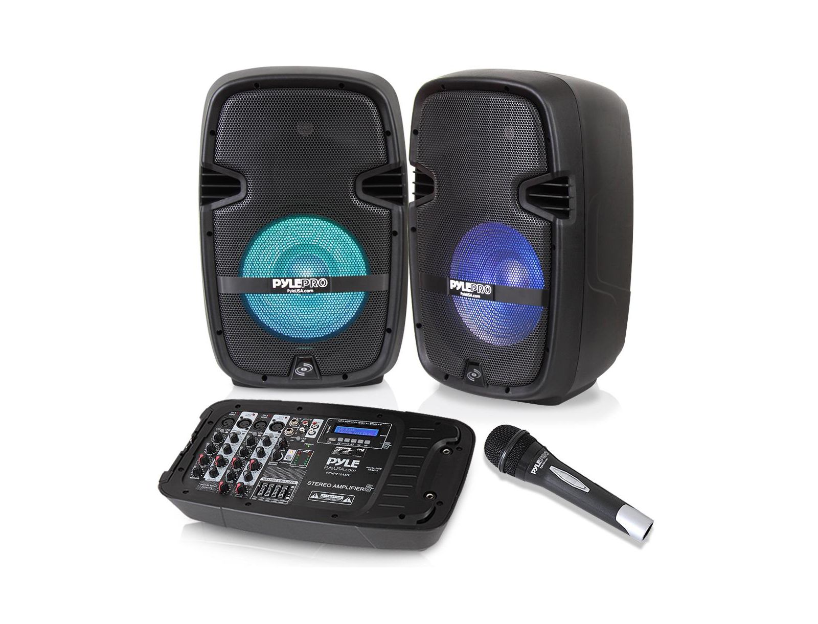 Комплект Pyle Stage & Studio: 2 Bluetooth колонки 10", микшер 8-канальный, стойки и микрофон (600W)
