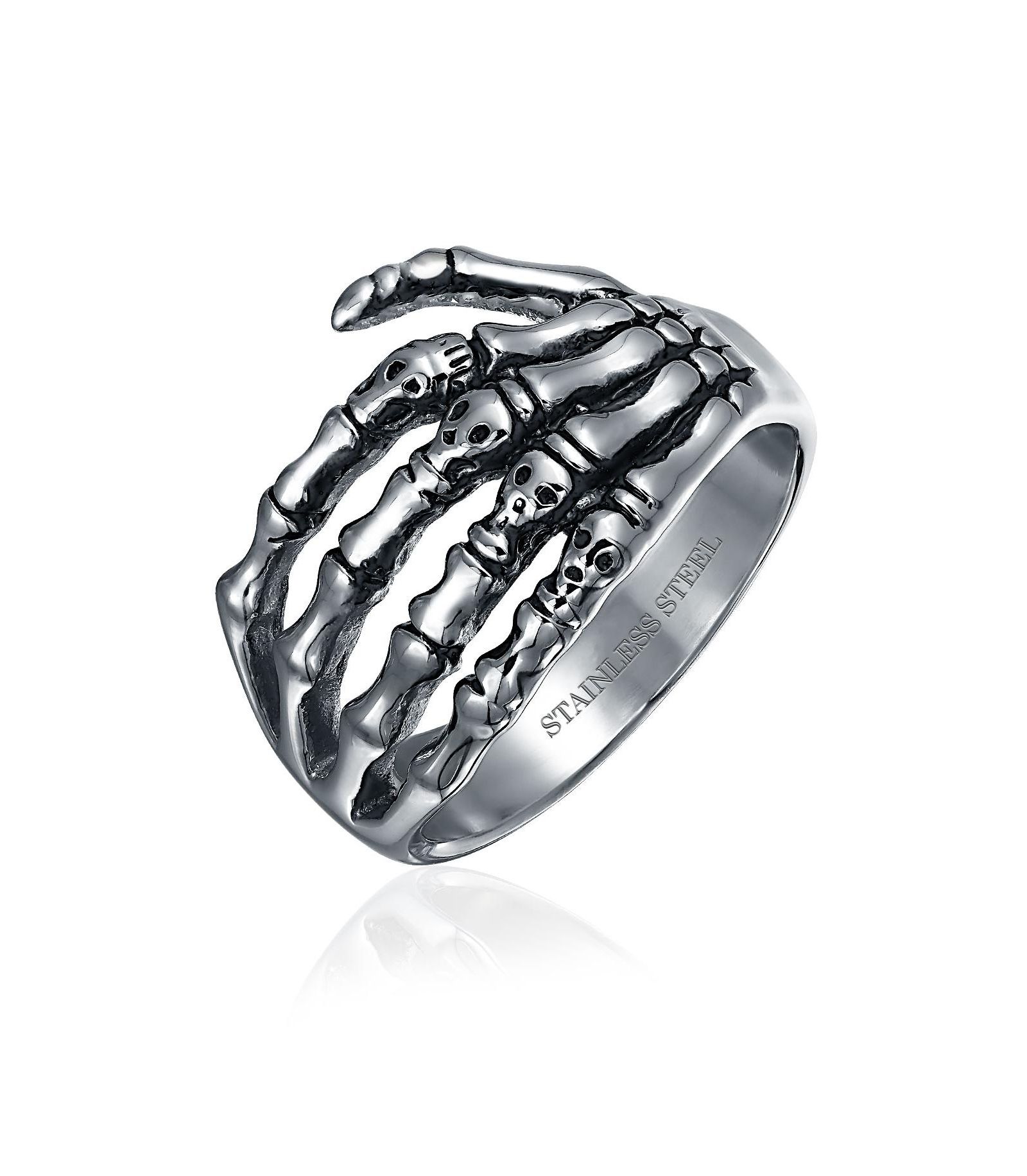 Bling Jewelry Goth Biker Skelton Hand Band Wrap Ring Silver Tone Oxidized Stainless Steel