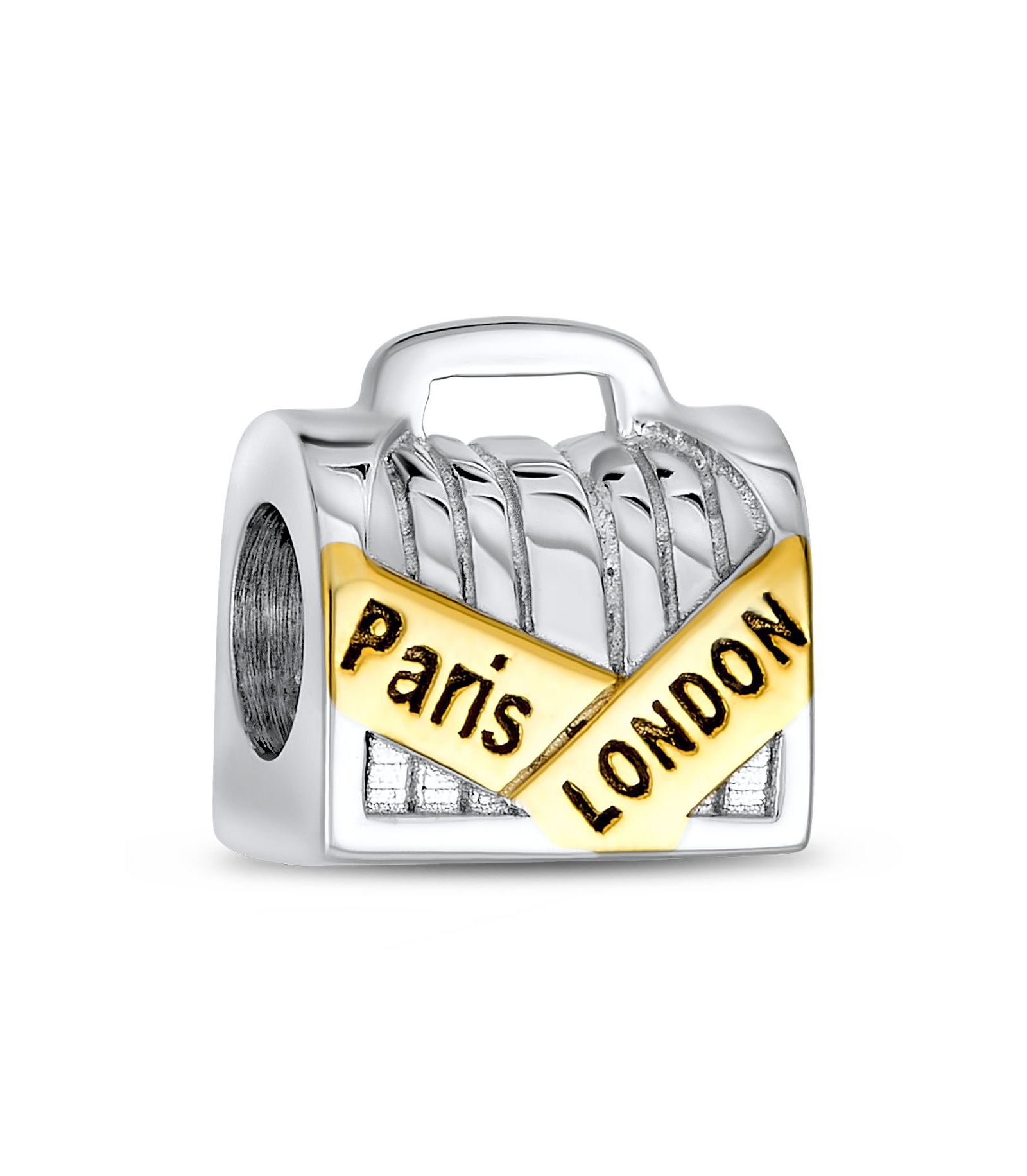 Bling Jewelry Honeymoon Suitcase Luggage Two Tone Charm Bead for Bracelet 14K Gold Plated