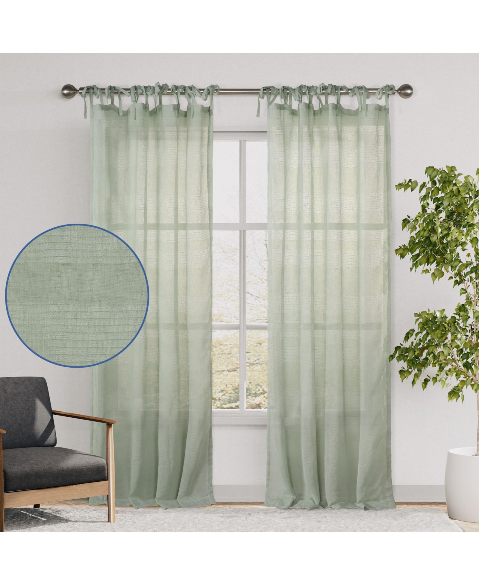 Awesome Home Grayson Stripe Sheer Tie Top Curtains Pair