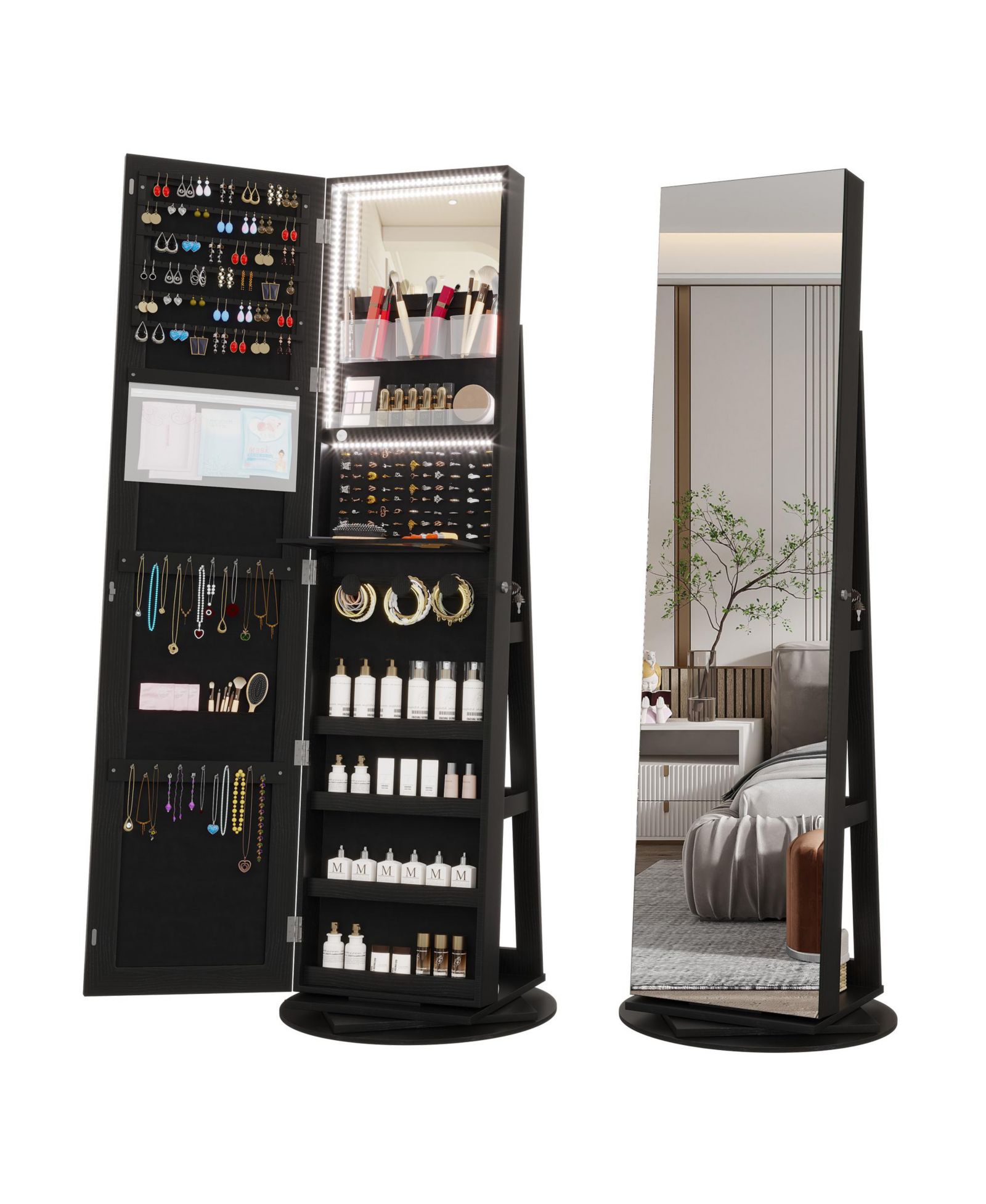 Vlsrka 360degree(s) Swivel Jewelry Full-Length Mirror Cabinet with Lights
