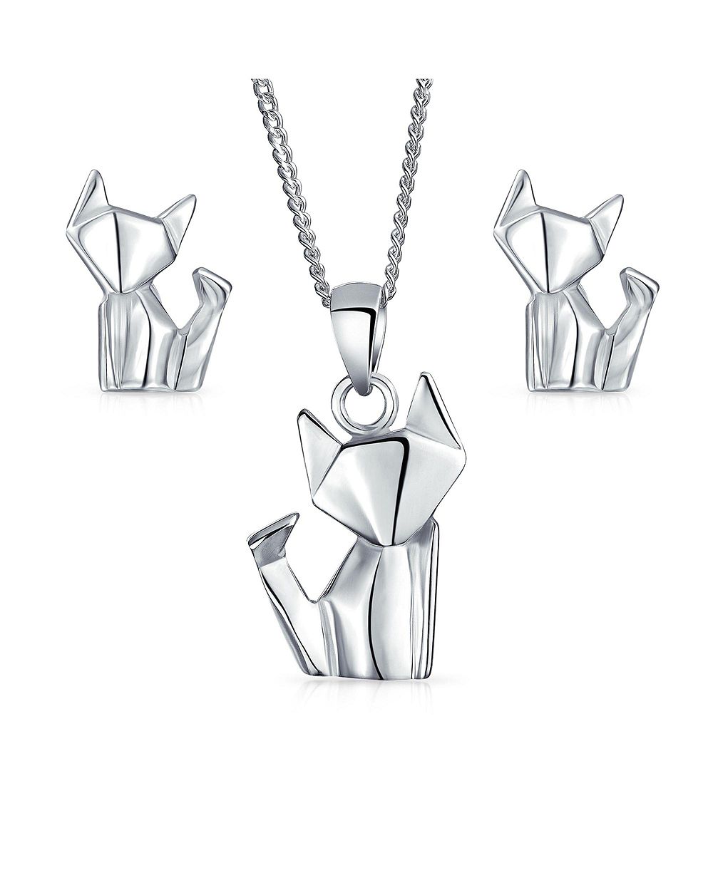 Набор кулон и серьги Bling Jewelry 3D Geometric Origami Cat
