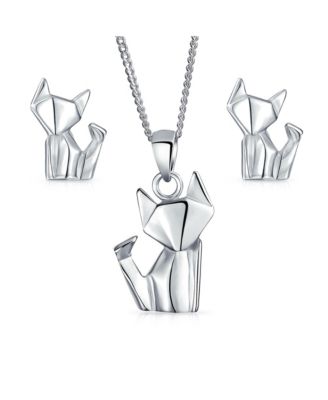 Bling Jewelry 3D Origami Cat Pendant Necklace and Stud Earrings Jewelry Set Sterling Silver