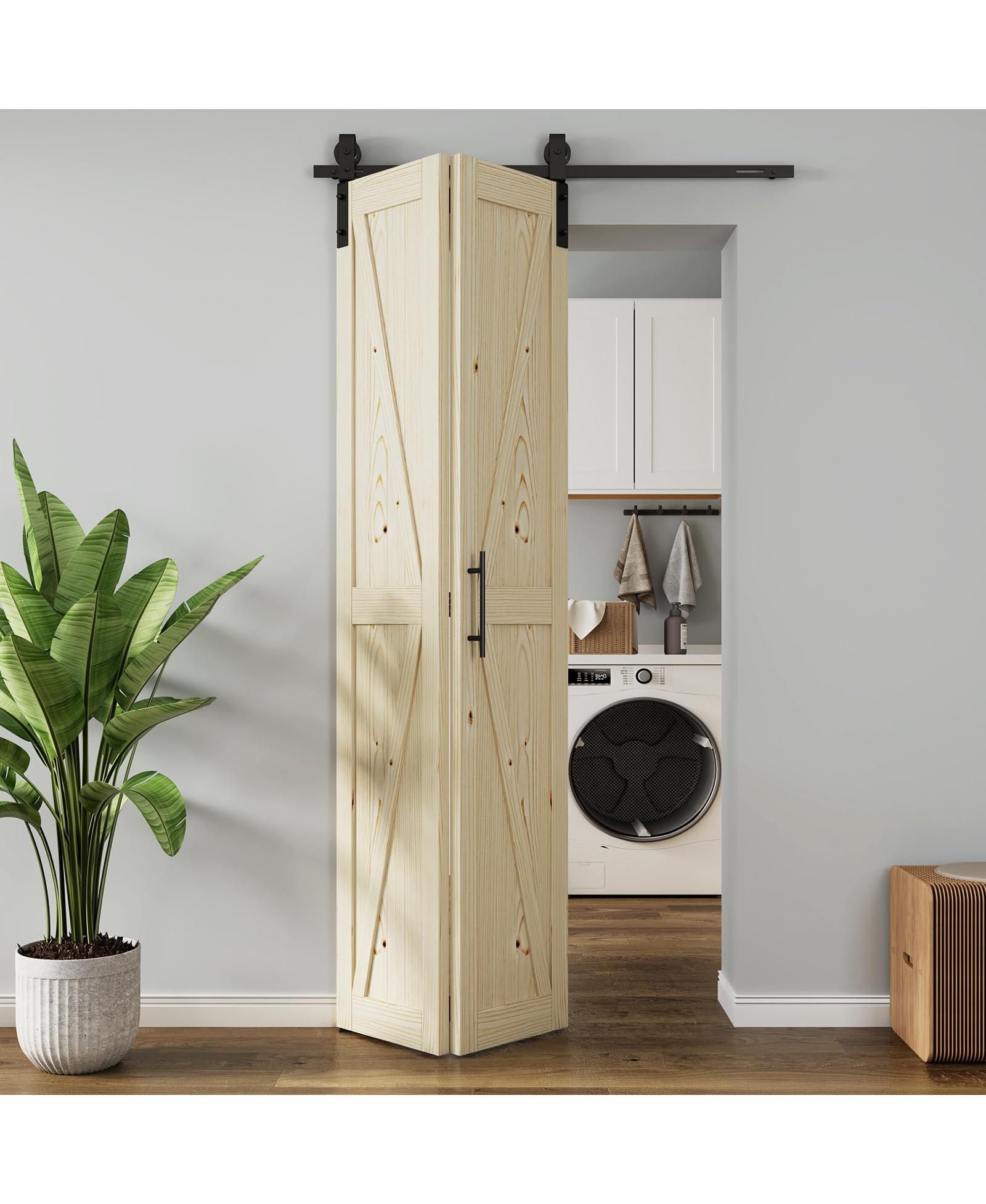 Solid Core Natural Wood Pine Bi-fold Door with Sliding Hardware Kit