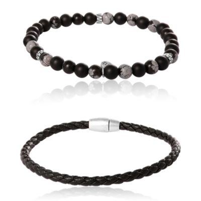 Lucky Brand Matte Black Onyx, Snowflake Obsidian Stretch Bead and Magnetic Cord Bracelet Set - 2 Piece