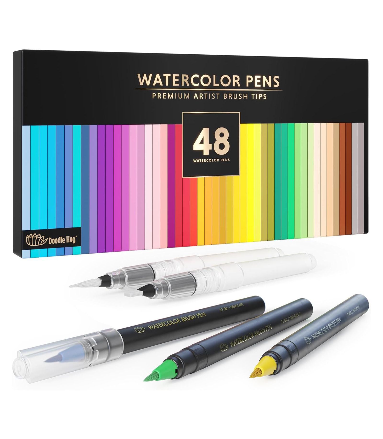 Doodle Hog 48 Premium Watercolor Brush Pens, Highly Blendable, No Streaks, Water Color Markers, Unbelievable Value, Water Brush Pen, for Beginner to Professional Artist (48 Colors Brush Pens)