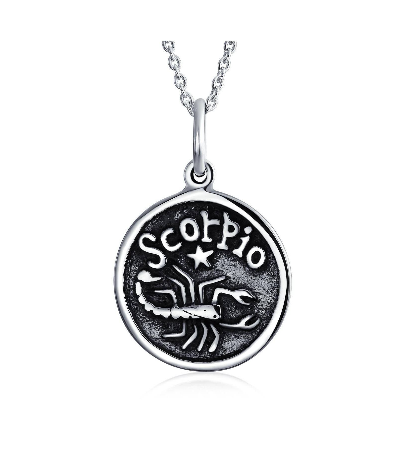 Bling Jewelry Astrology Zodiac Scorpio Round Pendant Necklace Oxidized Sterling Silver
