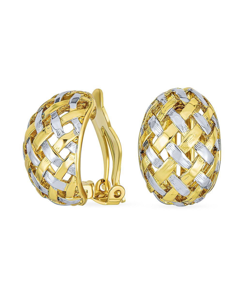 Bling Jewelry 2Tone Open Basket Weave Dome Half Hoop Clip On Earrings Silver Gold Plated