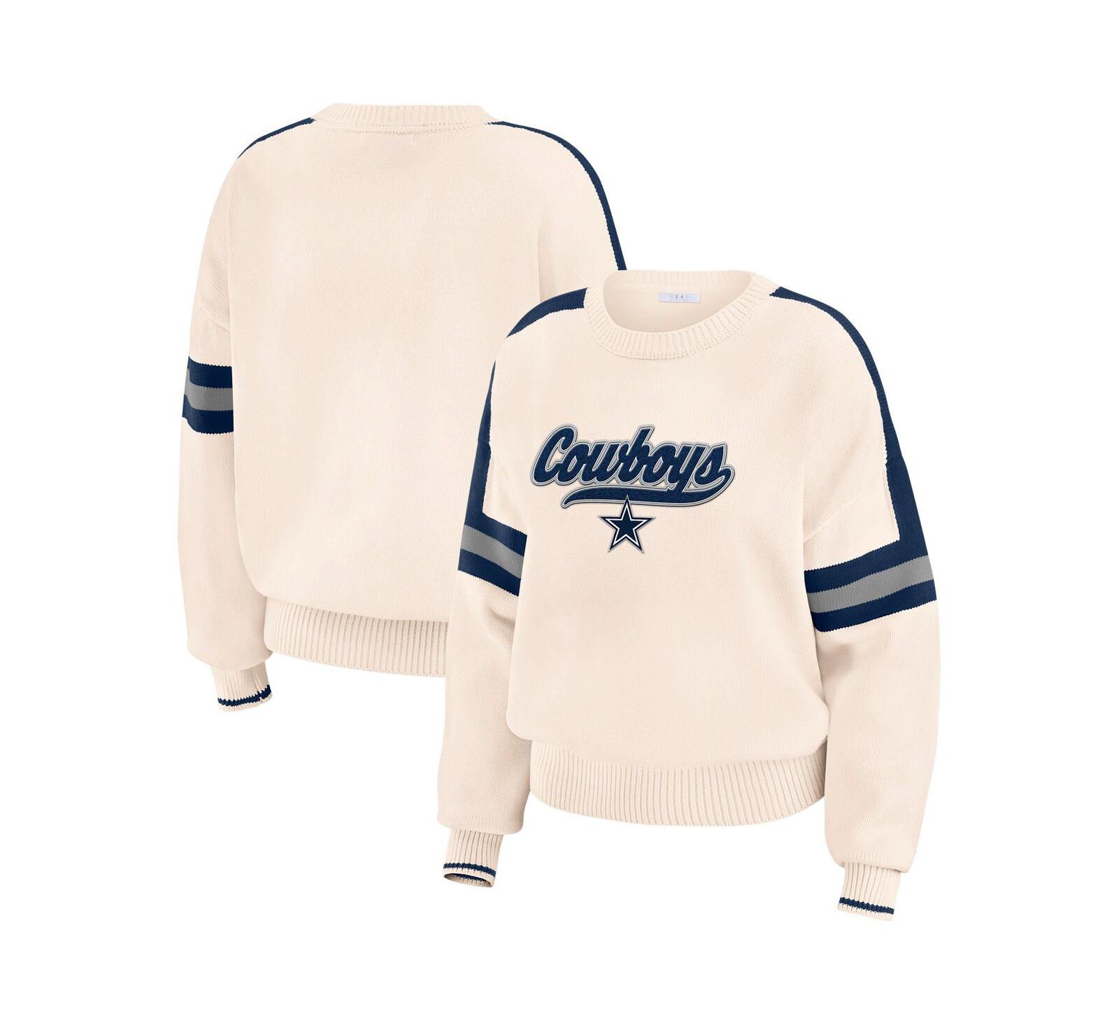 WEAR by Erin Andrews Women's Cream Dallas Cowboys Stripe Pullover Sweater