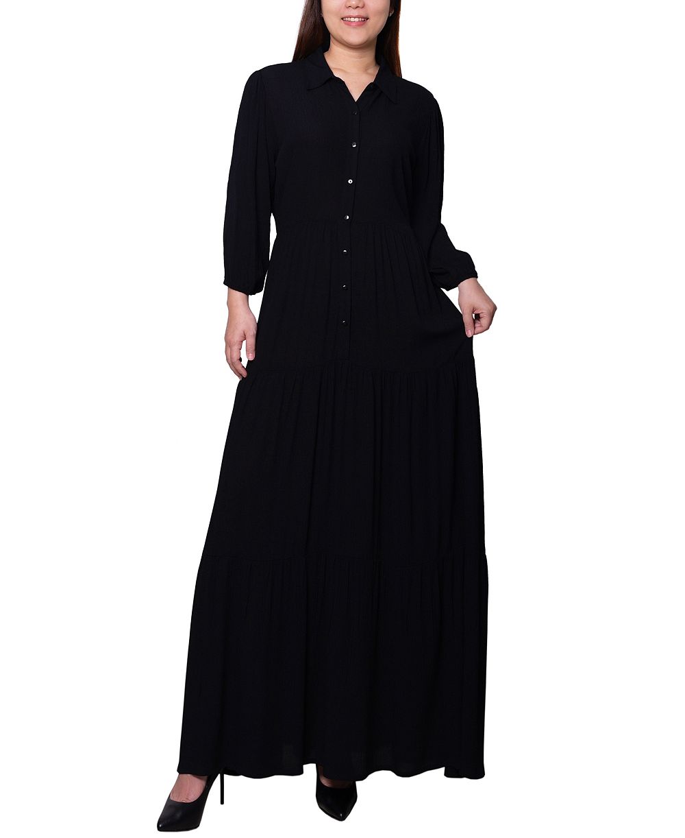 NY Collection Petite 3/4 Sleeve Crinkle Tiered Maxi Dress