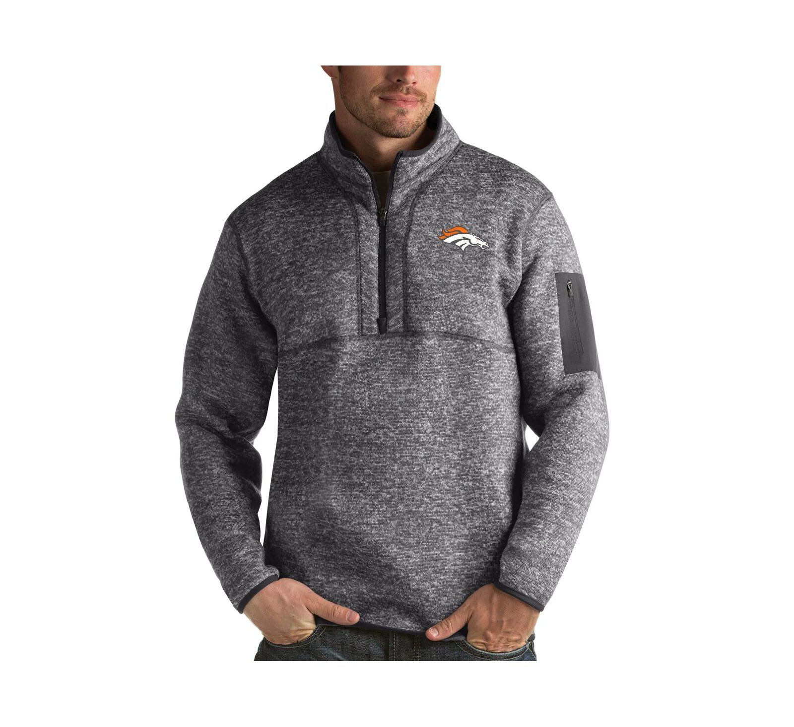 Antigua Men's Charcoal Denver Broncos Fortune Quarter-Zip Pullover Jacket