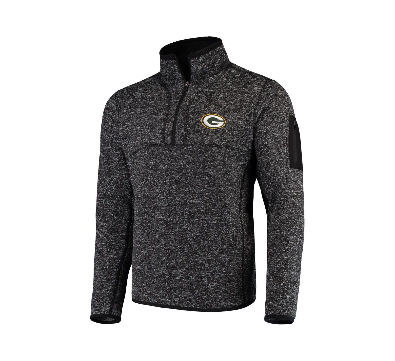 Antigua Men's Heather Black Green Bay Packers Fortune Quarter-Zip Pullover Jacket