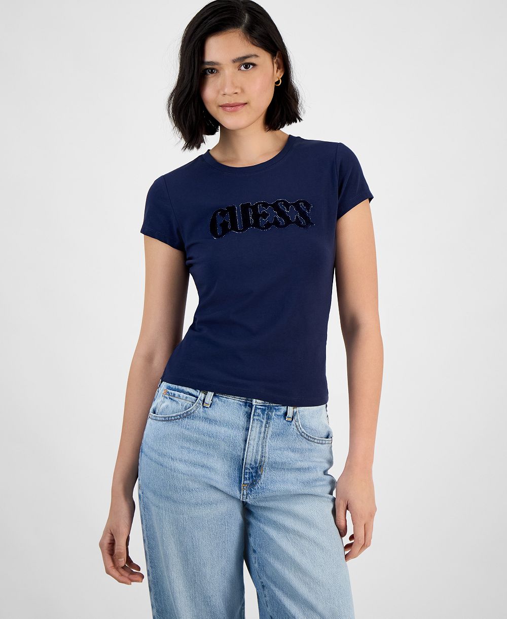 GUESS Women's Short Sleeve Bubble-Logo Crew Neck Tee