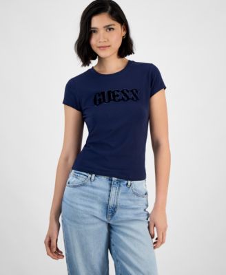 GUESS Women's Short Sleeve Bubble-Logo Crew Neck Tee