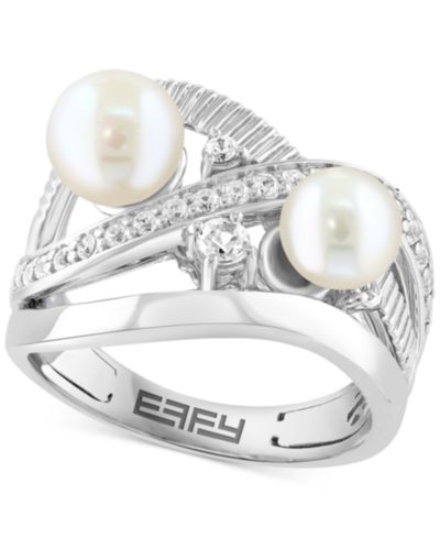 EFFY® Cultured Freshwater Pearl (6 & 7mm) & Zircon (5/8 ct. t.w.) Crossover Statement Ring in Sterling Silver