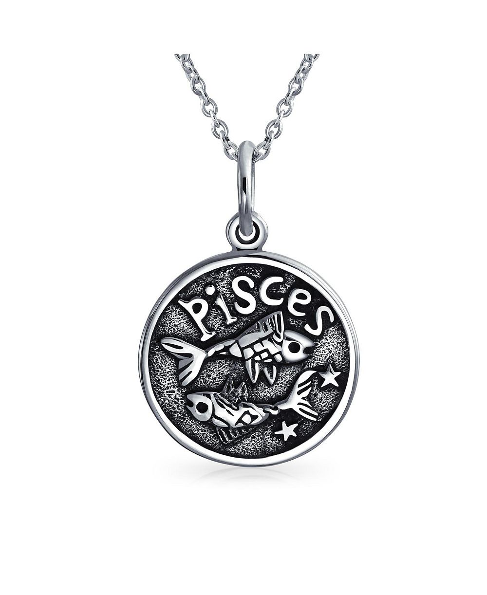 Bling Jewelry Astrology Zodiac Pisces Round Pendant Necklace Oxidized 925 Sterling Silver