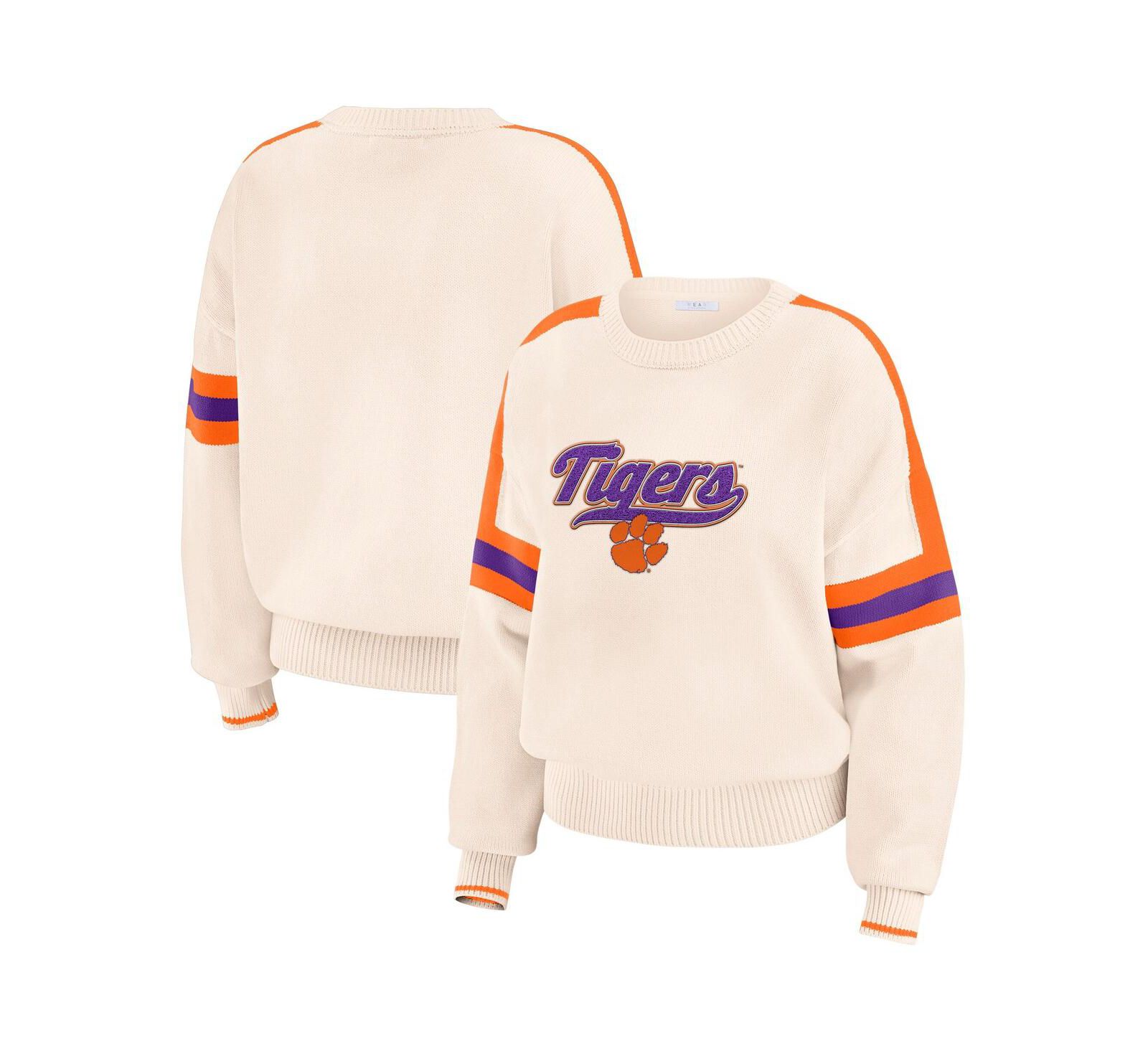 WEAR by Erin Andrews Women's Cream Clemson Tigers Chenille Woven Patch Stripe Pullover Sweater