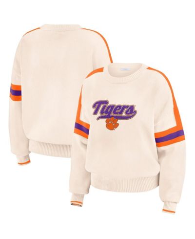 Женский джемпер WEAR by Erin Andrews Cream Clemson Tigers Chenille Woven Patch Stripe Pullover Sweater