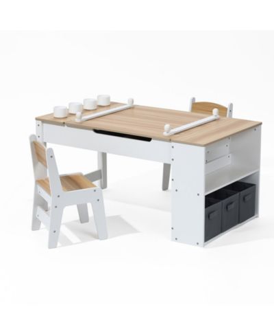 LuxenHome Kids Table and Chairs Set, Lift-Top Art Desk to Easel, Toddler Activity Table with Storage & Bookcase, Ages 3-6