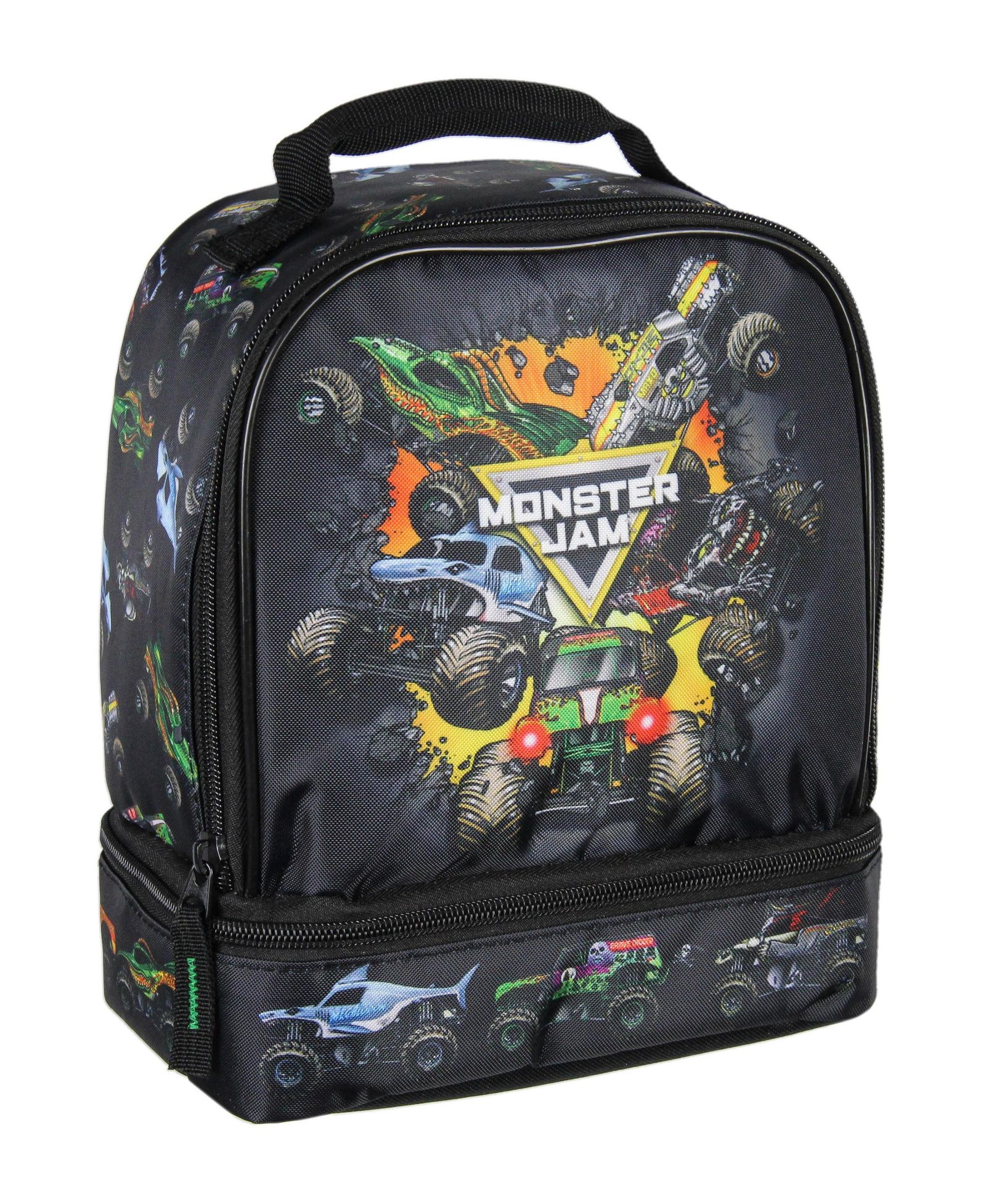 Monster Jam Grave Digger Megalodon Pirate's Curse Dual Compartment Lunch Box Bag 9.5"