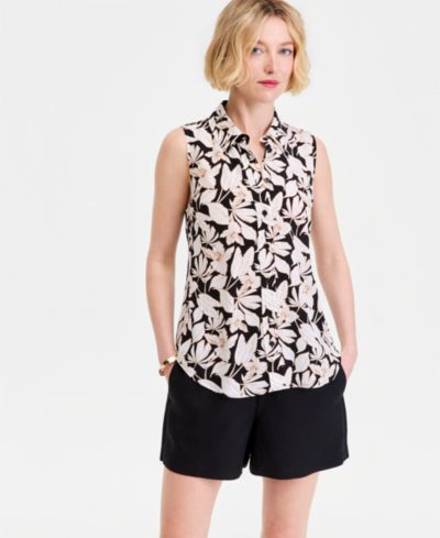 I.N.C. International Concepts Women's Printed Button-Down Sleeveless Blouse, Exclusively at Macy's