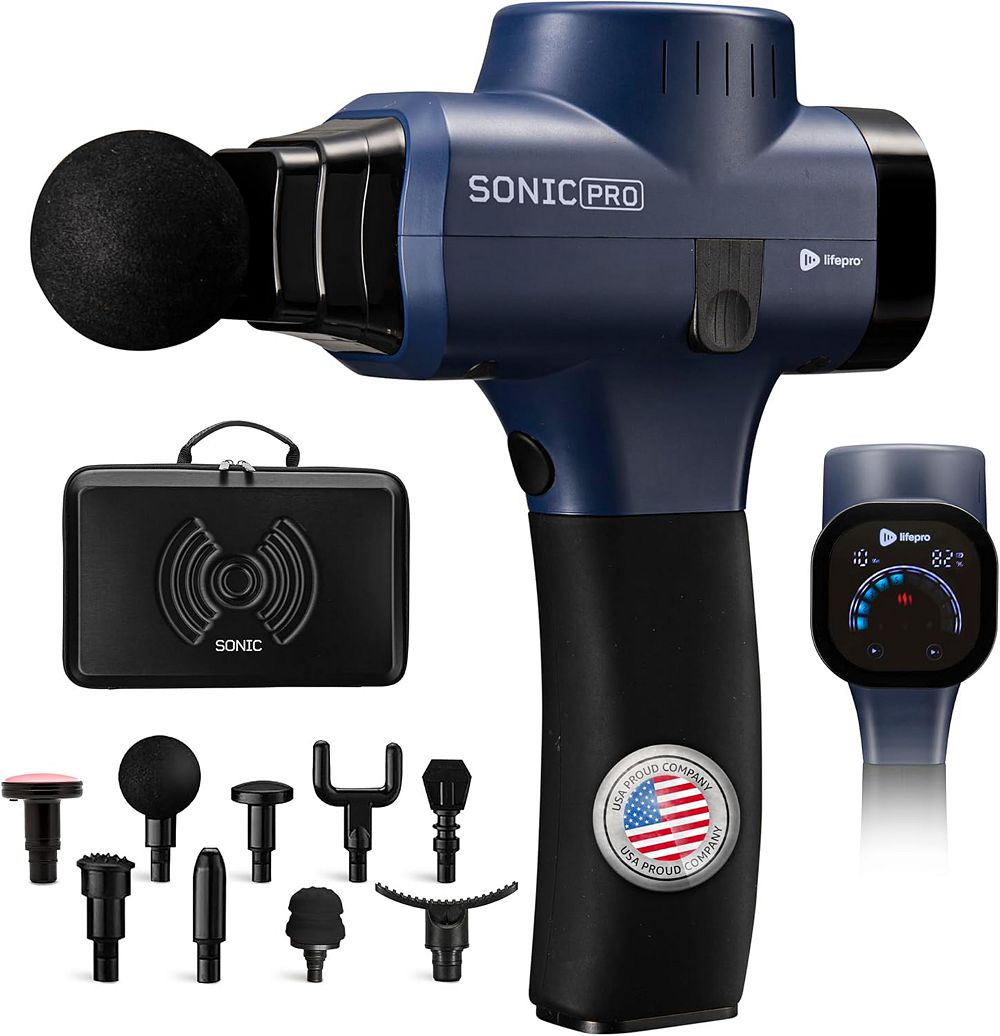 Lifepro Sonic Pro Handheld Massage Gun - Deep Tissue Percussion Massager Gun for Athletes, 10 Speeds, 9 Heads, Portable Muscle