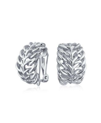 Bling Jewelry Open Weave Leaf Motif Wide Half Hoop Clip On Earrings Silver Plated