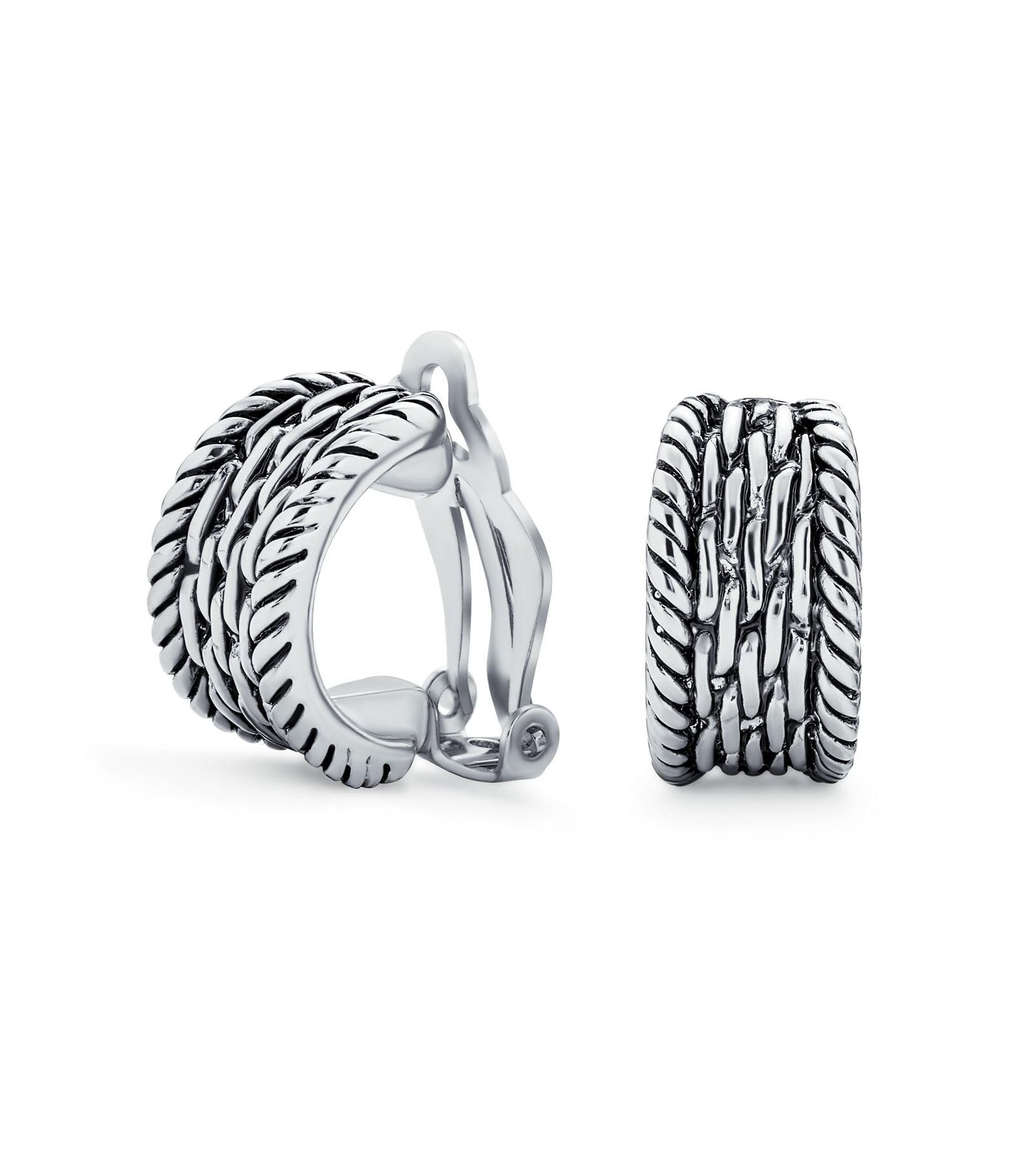 Bling Jewelry Cable Weave Rope Shrimp Style Clip On Earrings Oxidized Silver Plated