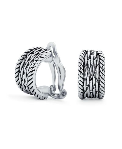 Bling Jewelry Cable Weave Rope Shrimp Style Clip On Earrings Oxidized Silver Plated