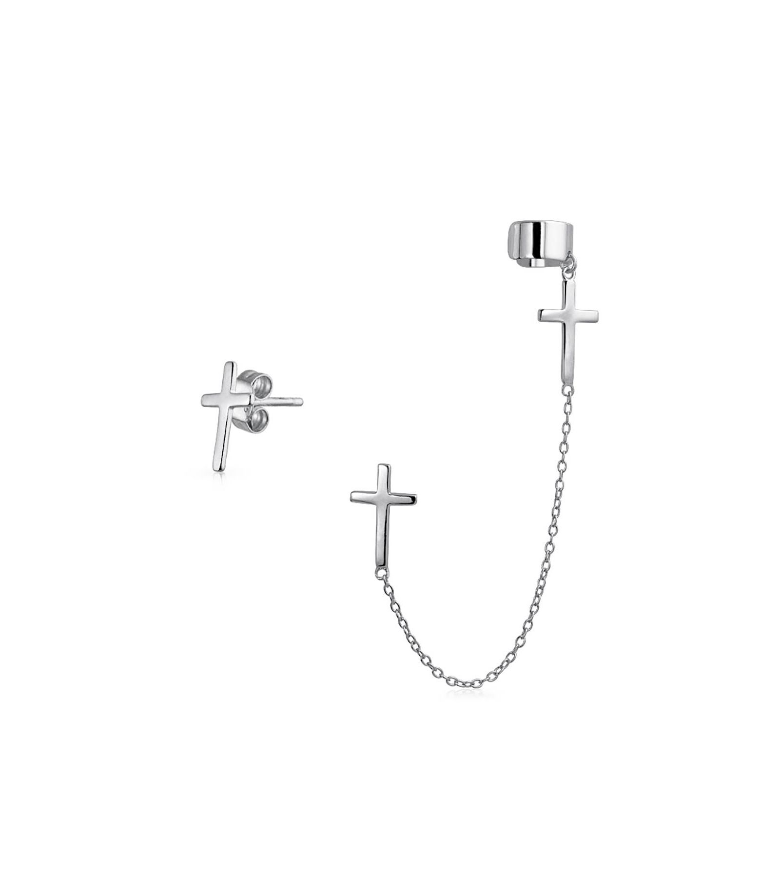 Bling Jewelry Religious Cross Ear Cuff Chain and Stud Earring .925 Sterling Silver