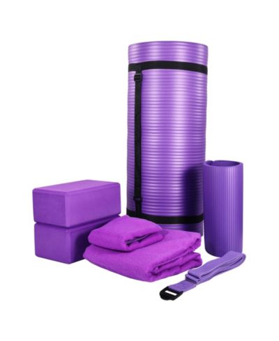 BalanceFrom Fitness 7 Piece Yoga Set with Mat, Stretch Strap, and Knee Pad, Purple