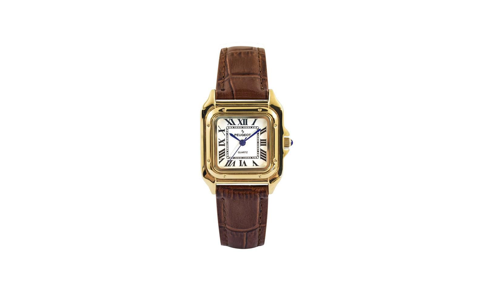 Peugeot Women's 14K Gold-Plated 32mm Tank Shape Brown Leather Strap Watch
