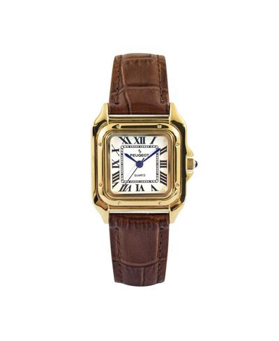 Peugeot Women's 14K Gold-Plated 32mm Tank Shape Brown Leather Strap Watch