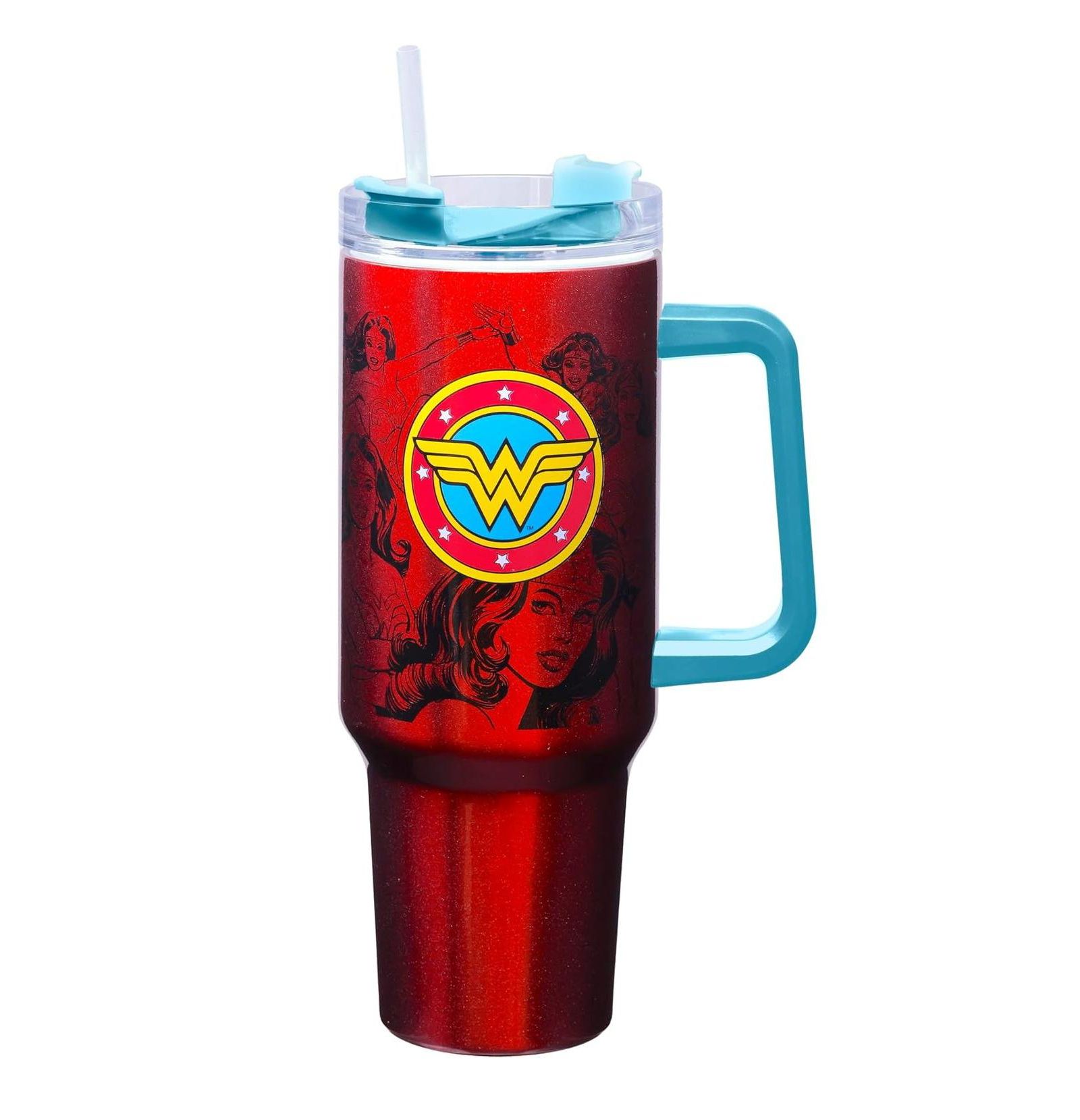 Spoontiques дорожная кружка Wonder Woman из нержавеющей стали с трубочкой и ручкой, 40 oz
