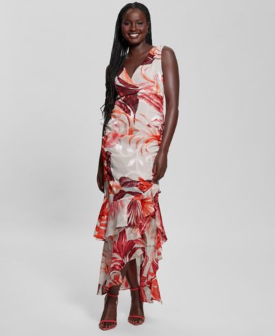GUESS Women's Ava Printed Mesh Ruffled Maxi Dress