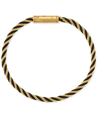 Esquire Men's Jewelry Black Cord Intertwined Rope Link Bracelet in Gold-Tone Ion-Plated Stainless Steel, Exclusively at Macy's