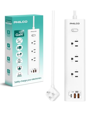 Philco 30W 1.8-Meter Wall Outlet, 1 USB-C 2 USB-A, OCP Switch for Phones and Tablets