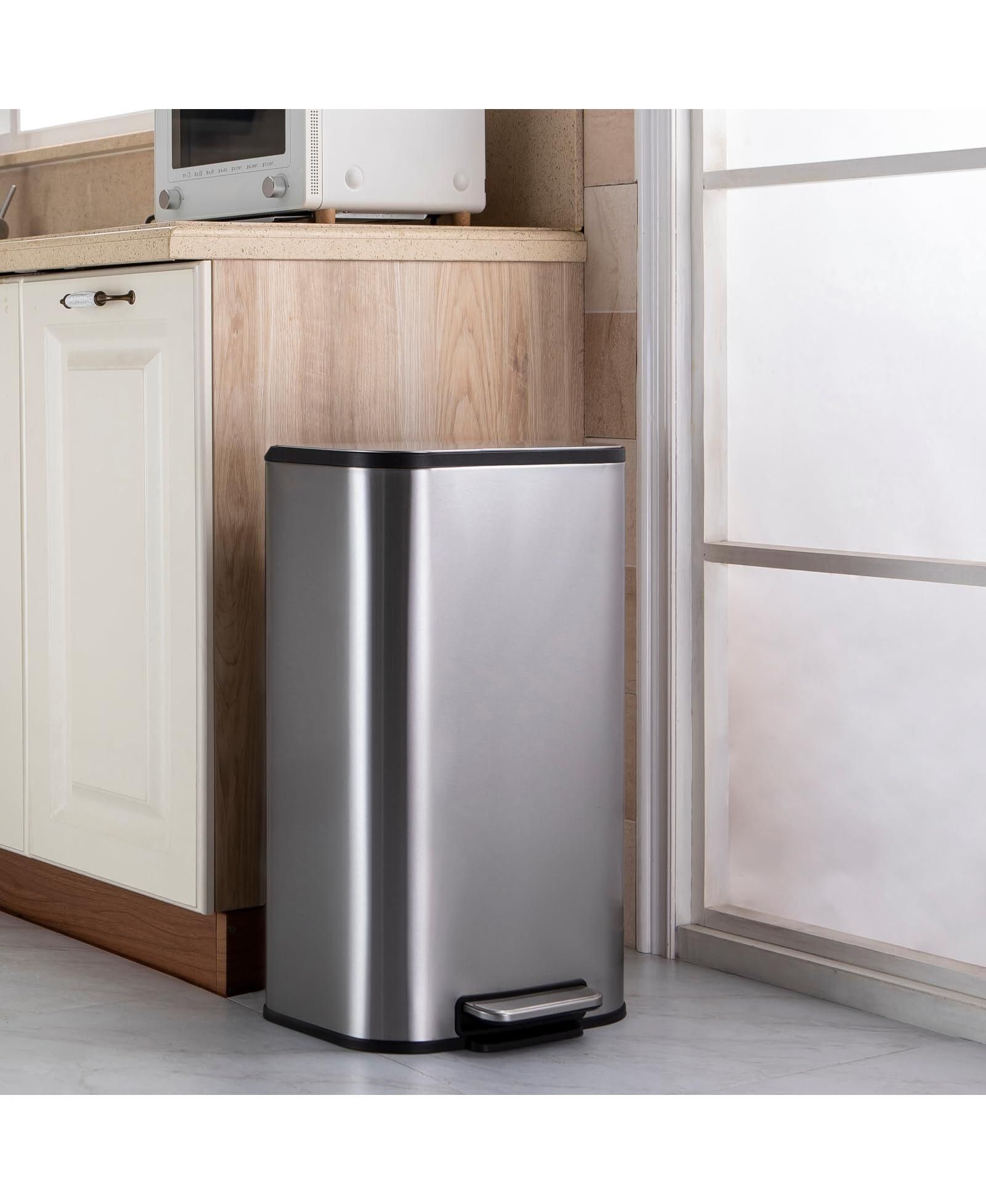 GAOMON Stainless Steel Garbage Can with Lid, Step-On Pedal and Inner Bucket, Rectangular Trash Can for Kitchen