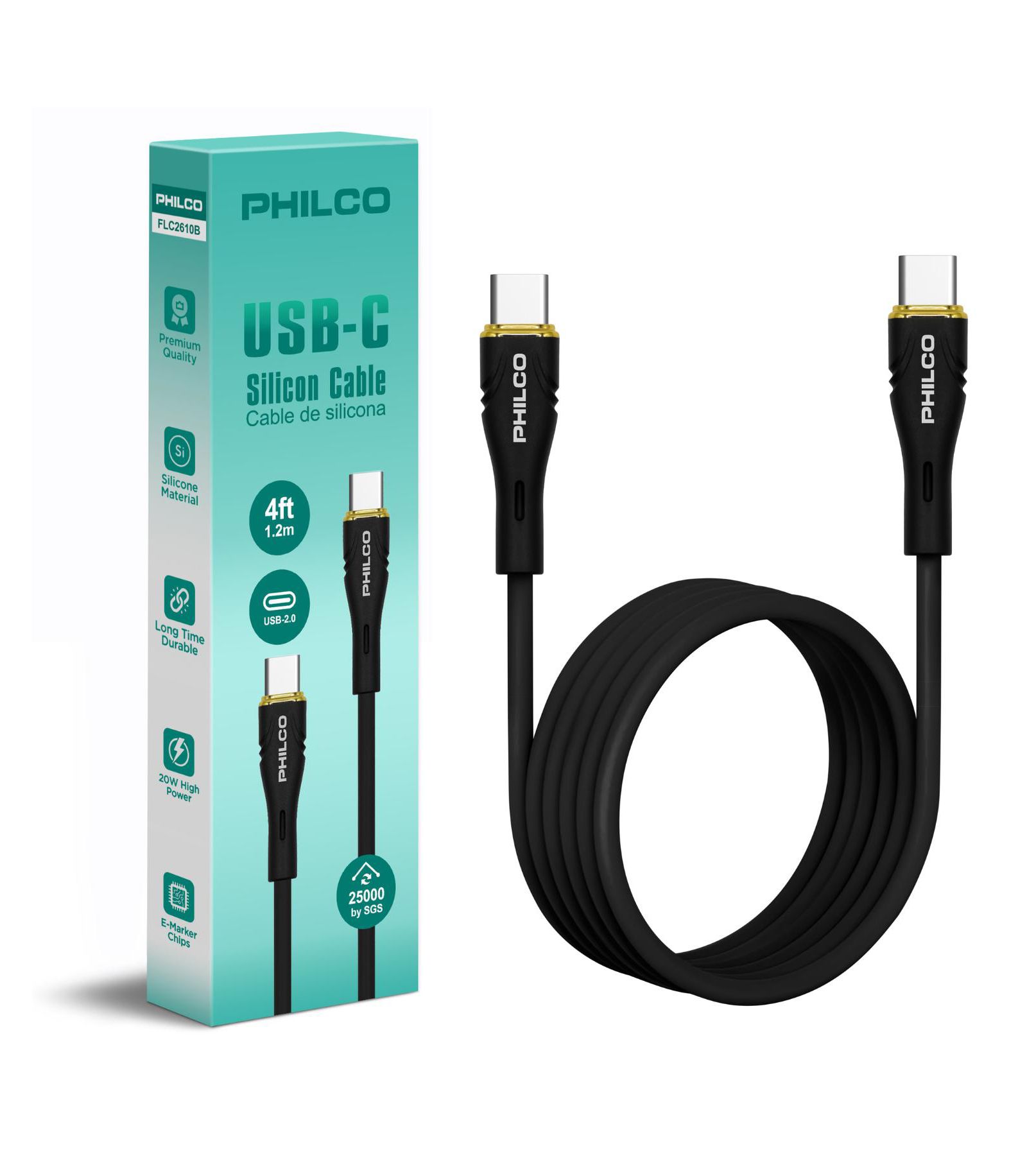 Philco FLC2608CB 20W Fast Charging Tangle-Free USB-C to USB-C Cable for USB-C Devices